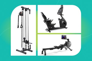 collage of three of the best exercise machines for arthritis isolated on a teal background