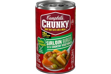 A red can of Campbell's chunky sirloin soup