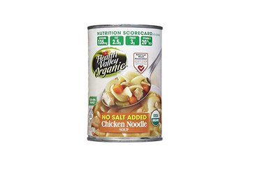 A white can of Healthy Valley chicken noodle soup