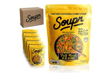 A yellow pouch of Soupr chicken chickpea curry soup