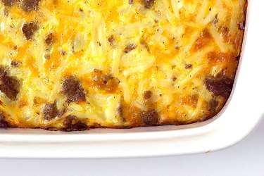 sausage and hashbrown breakfast casserole in a casserole dish