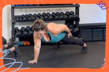 a personal trainer wearing a teal tank top and gray leggings does a plank tap exercise in a gym during a body-weight core workout in front of a rack of kettlebells and dumbbells