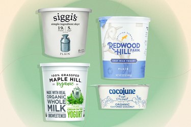 collage of 4 best probiotic yogurts on green/cream background