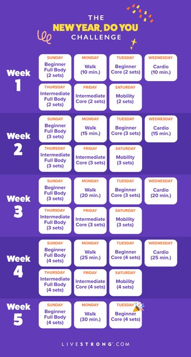 a purple rectangular calendar graphic for the new year do you challenge listing the workout for each day with a beginner full-body workout on Sundays, a walk on Mondays, a beginner core workout on Tuesdays, cardio on Wednesdays, an intermediate full-body workout on Thursdays, an intermediate core workout on Fridays, and a mobility workout on Saturdays for the 31 days of January