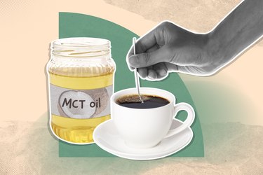 mixed media image of a hand stirring a white mug of bulletproof coffee with a small spoon next to a jar of mct oil on a green and beige background