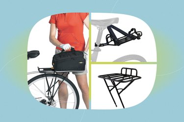 collage of the best bike cargo racks isolated on a light blue background