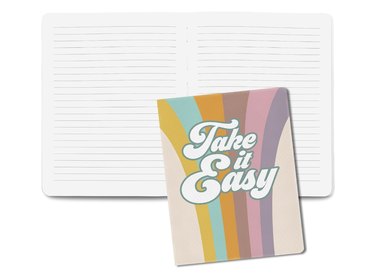 A colorful journal that says "take it easy" on the cover, as a self-care gift