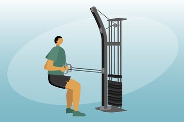 illustration of a person doing the standing cable row back exercise, isolated on a light blue background