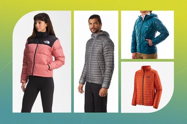 collage of four of the best puffer jackets of 2023 isolated on a green background