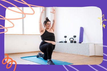 a person wearing a one-shoulder blank tank top, black leggings and black sneakers does a lunge with their arms raised on blue yoga mat at home as part of a 31-day body-weight workout challenge with dumbbells, a kettlebell and a purple yoga mat in the background