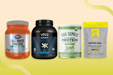 Best protein powders on amazon in a row on yellow background, including Now Foods, Four Sigmatic and Vega Sport