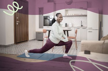 a person wearing purple leggings and a long-sleeve shirt does lunges at home as part of the New Year, Do You challenge