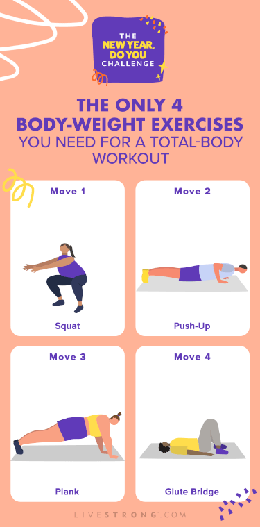 illustrated GIF of four people doing body-weight exercises — squat, push-up, plank and glute bridge