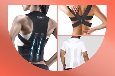 a collage of three different posture correctors on a pink background