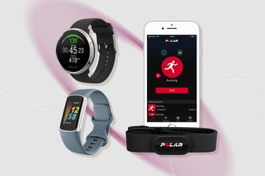 collage of the best heart rate monitors isolated on a white and pink background