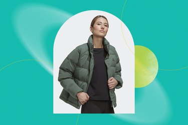 Model wearing the green Helionic jacket from Adidas
