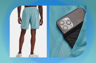 UA Launch Run shorts in blue and a close-up of the phone pocket