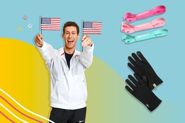 collage of  Winter Olympian Jason Brown holding U.S. flags next to workout gloves and resistance bands