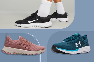 collage of three of the best elliptical shoes isolated on a blue and gray colorblock background