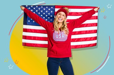 freestyle skier Winter Vinecki holds American flag behind her on blue and yellow background