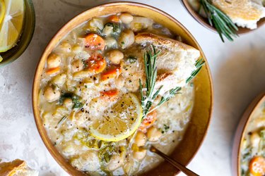 overhead photo of a bowl of White Bean and Lemon Soup