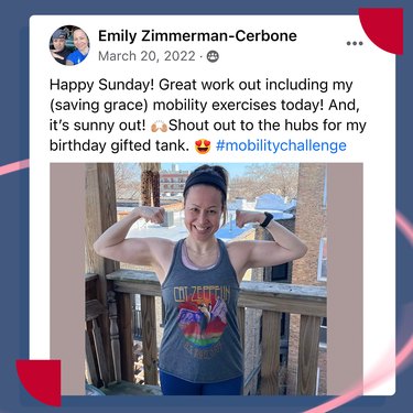 square graphic showing a Facebook comment from a LIVESTRONG.com challenge member celebrating the mobility challenge, with arms flexed and smiling while wearing a Led Zeppelin tank top. The comment reads "Happy Sunday! Great work out including my (saving grace) mobility exercises today! And, it's sunny out! Shout out to the hubs for my birthday gifted tank."
