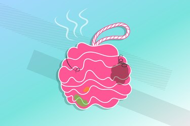Illustration of a dirty pink loofah on a blue background