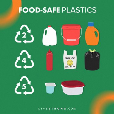 an illustration of food-safe plastics including plastic numbers 2, 4 and 5 and examples of these containers, all on a green background