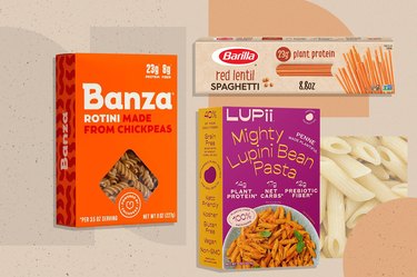 a collage of some of the best pastas for weight loss on a beige background