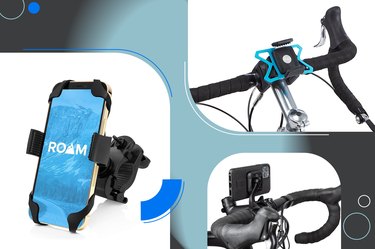 collage of the best bike phone mounts isolated on a blue and gray background