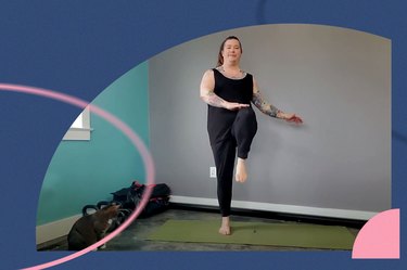 Person does X marching stretch for mobility on a yoga mat in a home gym