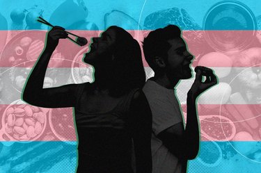 picture of the Transgender pride flag with food in the background and two silhouettes of people eating