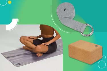 Collage of the best yoga accessories, including a yoga block, yoga strap and yoga mat.
