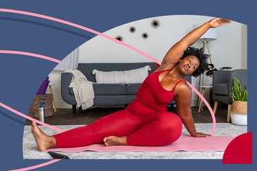 person wearing red leggings and tank top doing 4-week mobility challenge at home on pink yoga mat