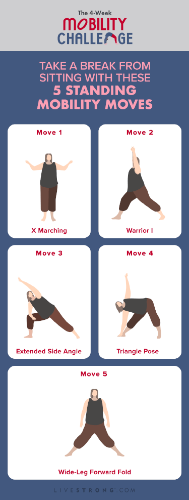 a rectangular graphic showing an illustrated GIF of a trainer performing 5 standing mobility moves: x marching, warrior 1, extended side angle, triangle pose and wide-leg forward fold