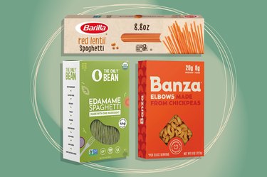 collage of protein pasta products from Banza, The Only Bean, and Barilla