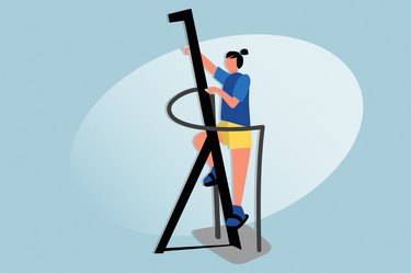 illustration of a person wearing a blue shirt and yellow shorts using a vertical climbing machine