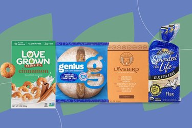 collage of 4 Wheat-Free Breads and Cereals on blue and green background