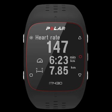 One of the best running watches of 2025, the Polar M430 in black sits on a jet black background