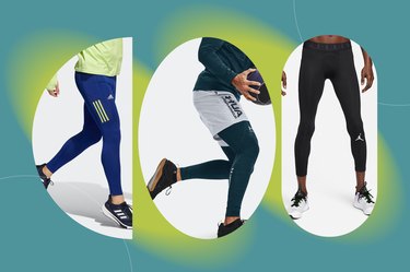 collage of three men wearing the best men's workout leggings, isolated on a teal background