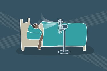 illustration of a person sleeping in bed with a fan blowing on them