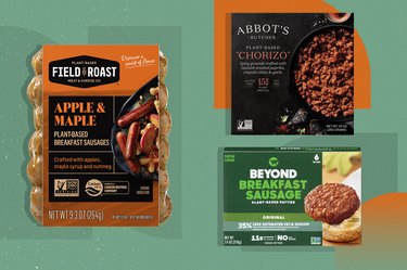 a collage of three vegan breakfast sausage products, beyond breakfast sausage, field and roast apple and maple sausage and abbot's chorizon, on a green background