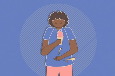 illustration of a person eating an ice cream cone and getting a stomachache, as an example of what happens when you ignore lactose intolerance