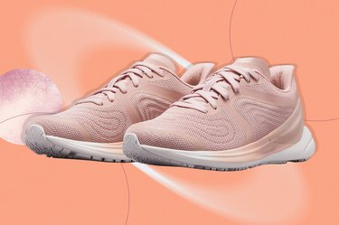 Blissfeel 2.0 shoes in pink against a salmon pink background.