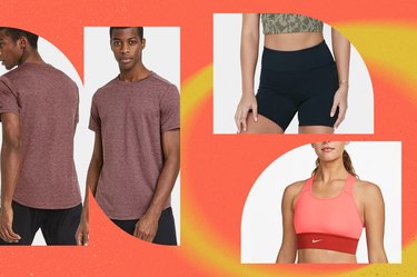 Collage of best cheap workout clothes on an orange and yellow background.