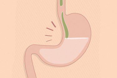 an illustration of a stomach with mucus sliding down the esophagus, to represent swallowing mucus