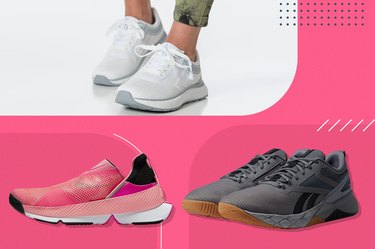three of the best adaptive workout shoes on a pink background