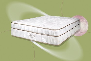 the saatva classic mattress on an illustrated green background with a pink moon and white planetary rings