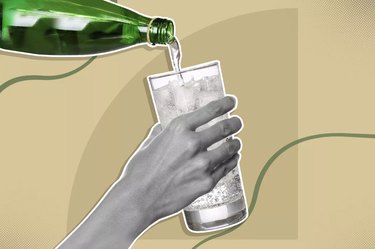 Illustration of hand holding glass with carbonated water pouring in to show why topo chico is bad for you