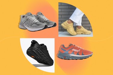 four of the best walking shoes with wide toe boxes on an orange background